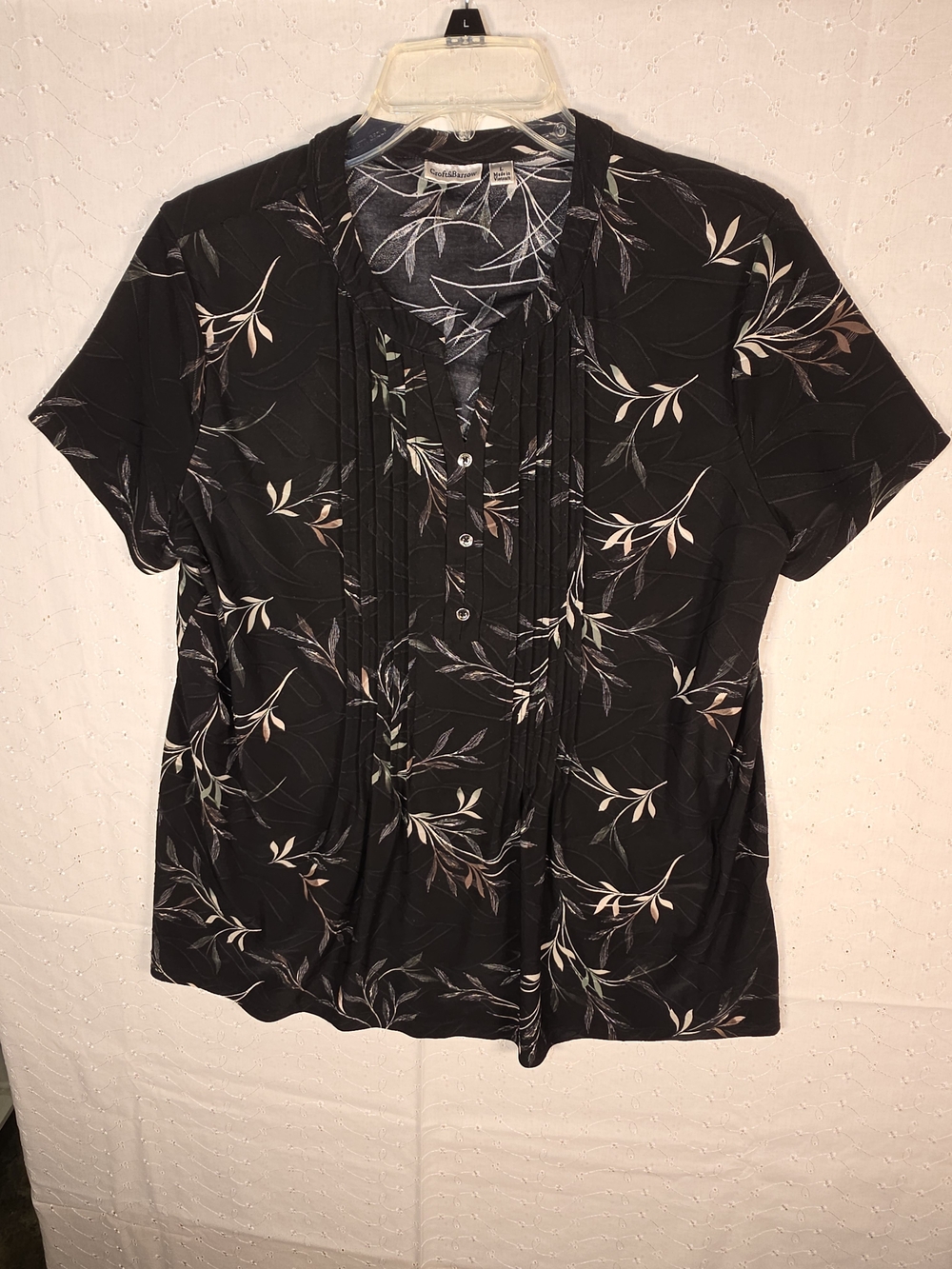 croft & barrow Black Floral Pintuck Short Sleeve Top